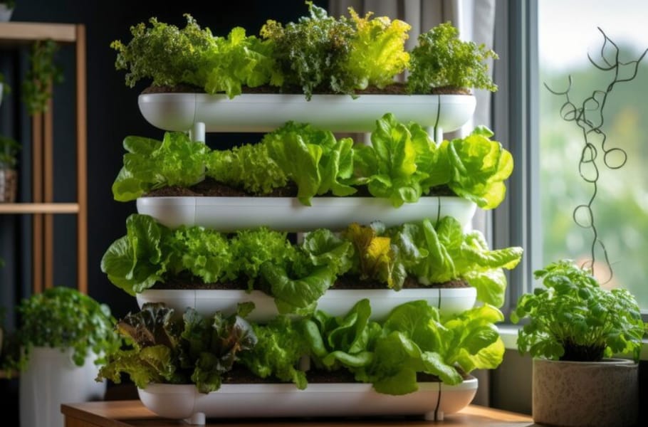 a rack of hydroponics indoor lettuce garden