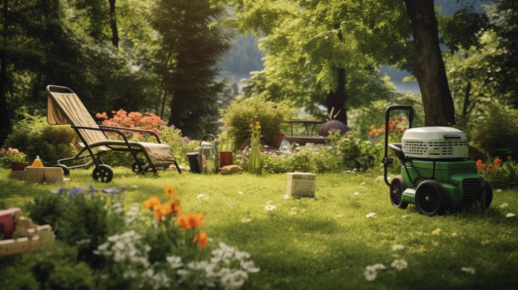 A lawn with gardening tools.