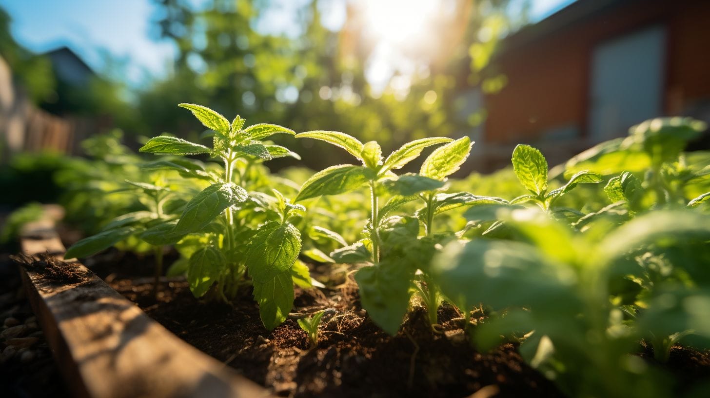 A wilted mint garden in bright sunlight.
