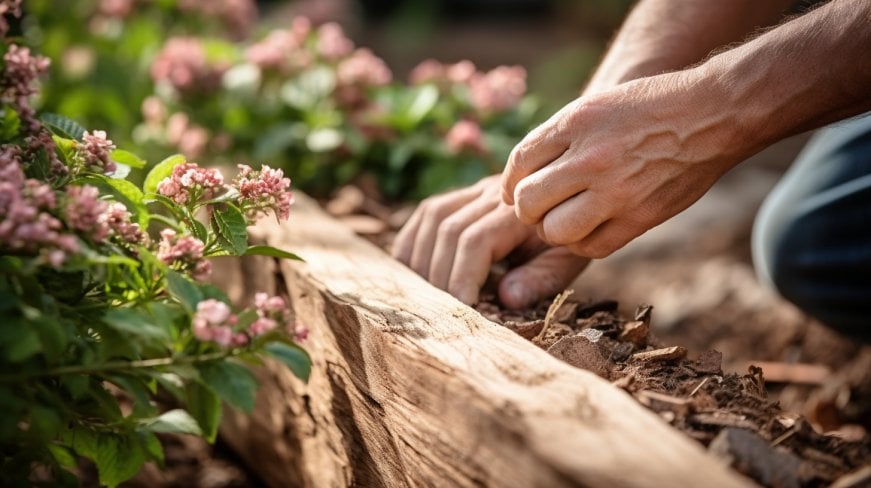 A pair of hand creating a wood border for a garden.