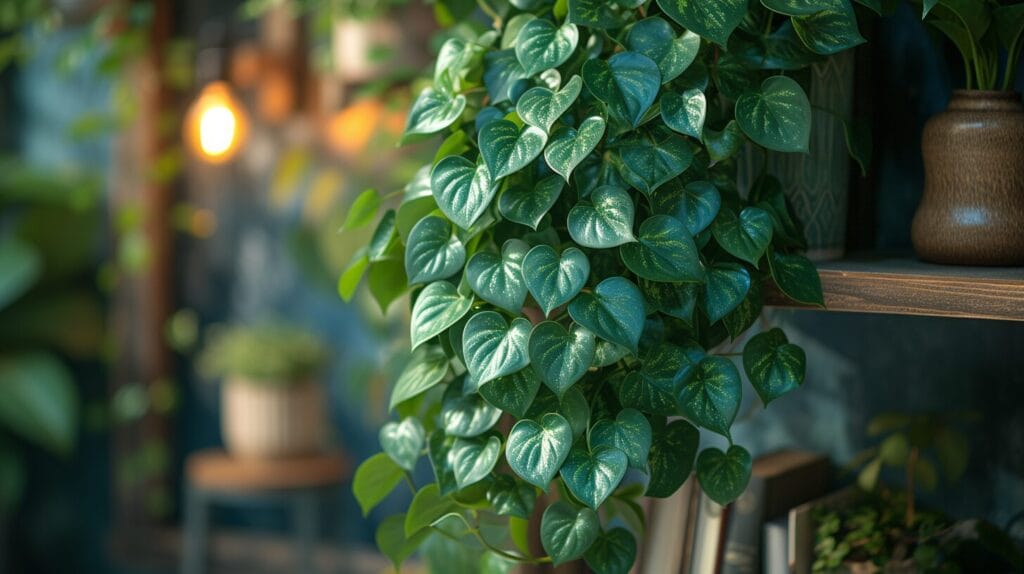 An image of a lush green vine with heart-shaped leaves cascading down a bookshelf, reminiscent of Pothos. plant similar to pothos