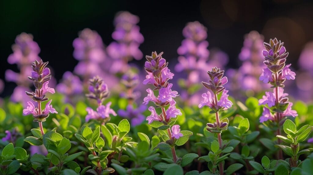 Does Fresh Thyme Have Flowers? Exploring the Floral Side of This Herb in 2024 3 Fresh thyme's purple flowers set against green foliage, symbolizing the herb's blooming potential.