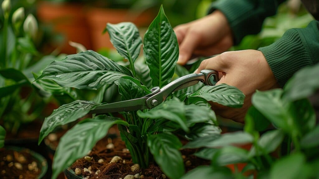 How to Trim a Peace Lily Plant: Prune a Peace Lily for Lush Growth in 2024 3 Trimming wilted leaves from Peace Lily.