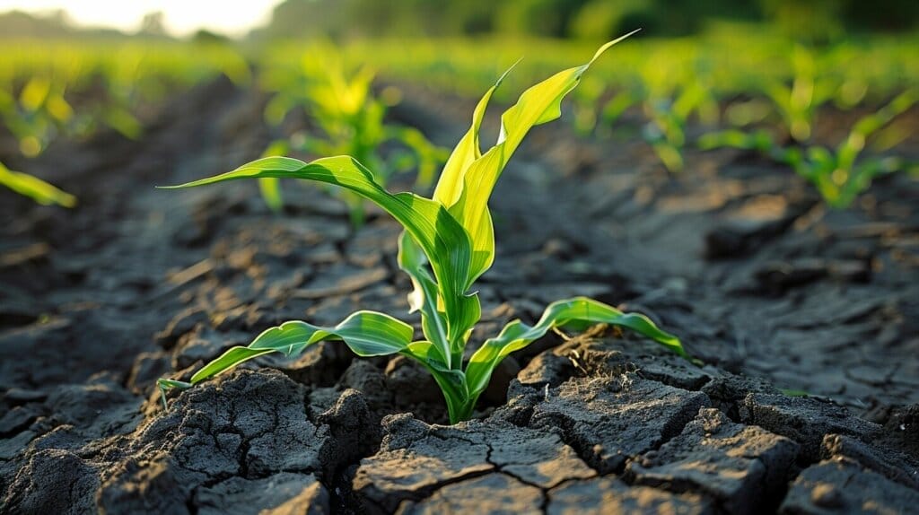 Corn plant with yellow leaves and dry soil