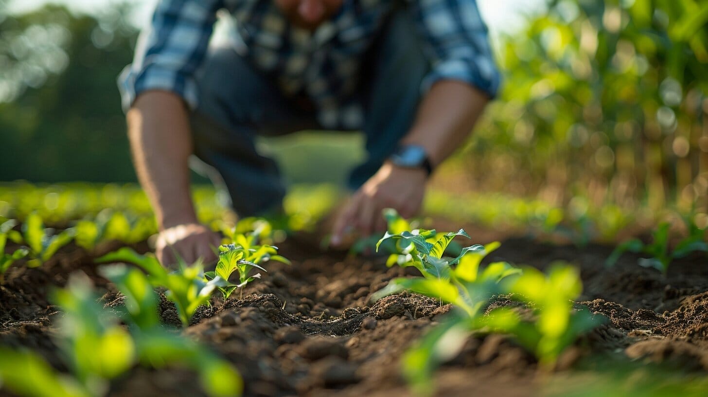 Farmer inspecting stressed corn leaf