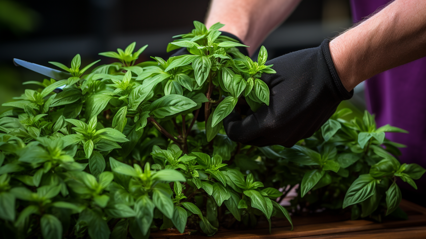 pruning basil plant on top of a table