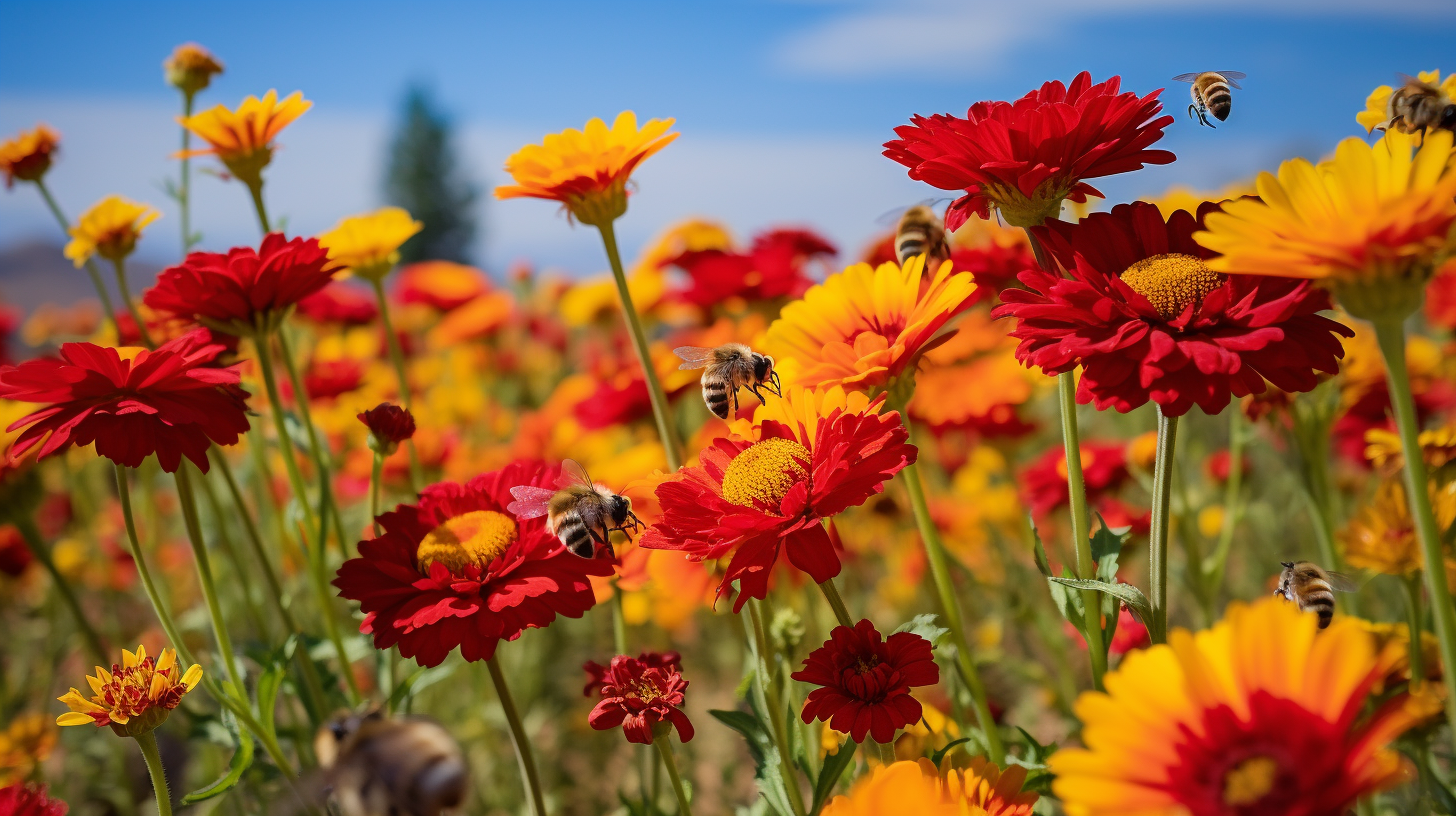 radiant red and yellow bee balm flowers with numerous bees flying