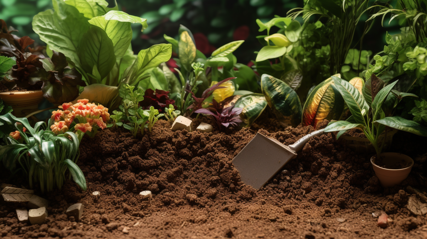 a garden with vibrant green plants against a background of rich, dark soil