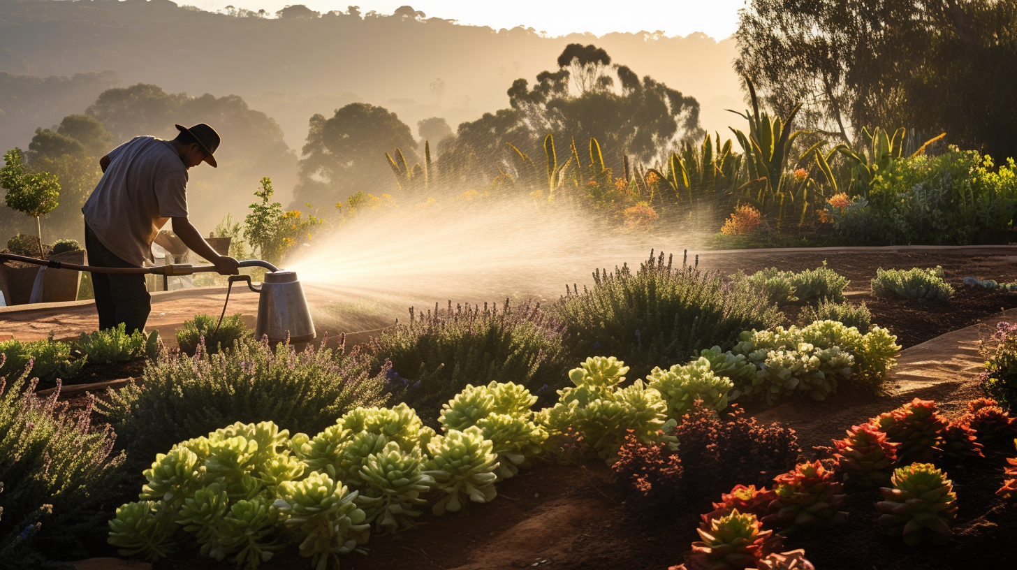 a gardener carefully watering the drought-tolerant pollinator plants