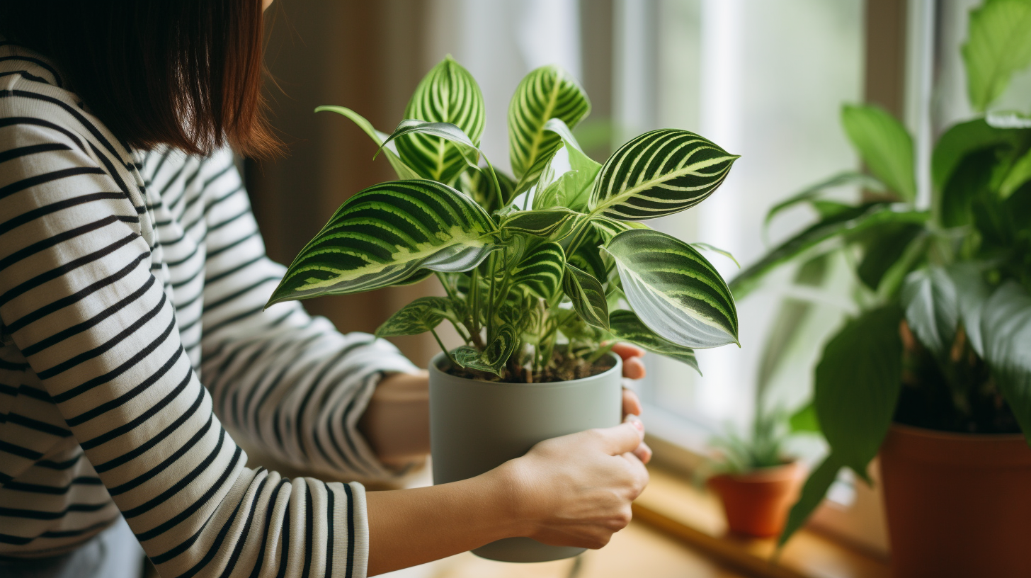 a woman placing a zebra plant in a plain white pot near the window