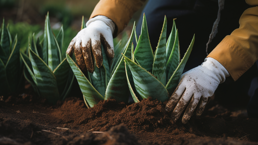 A pair of gloved hands gently transplanting a snake plant.