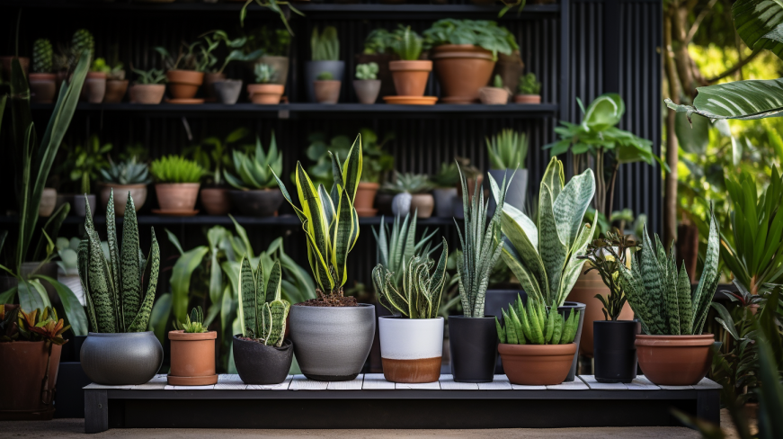 Variety of healthy Sansevieria at a nursery with different heights.