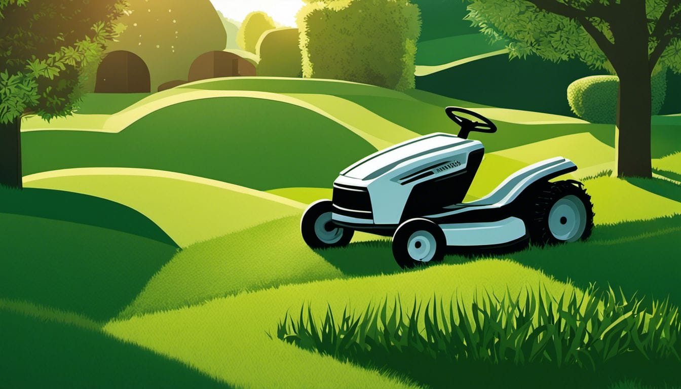 A lawn mower cutting through lush green grass in a backyard.