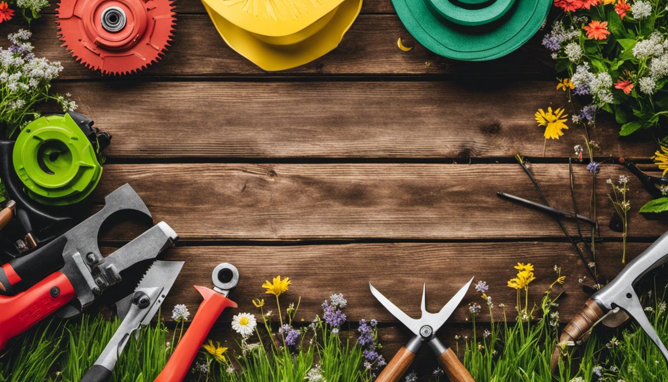 An assortment of lawn mower blades displayed on a workbench in a green setting.