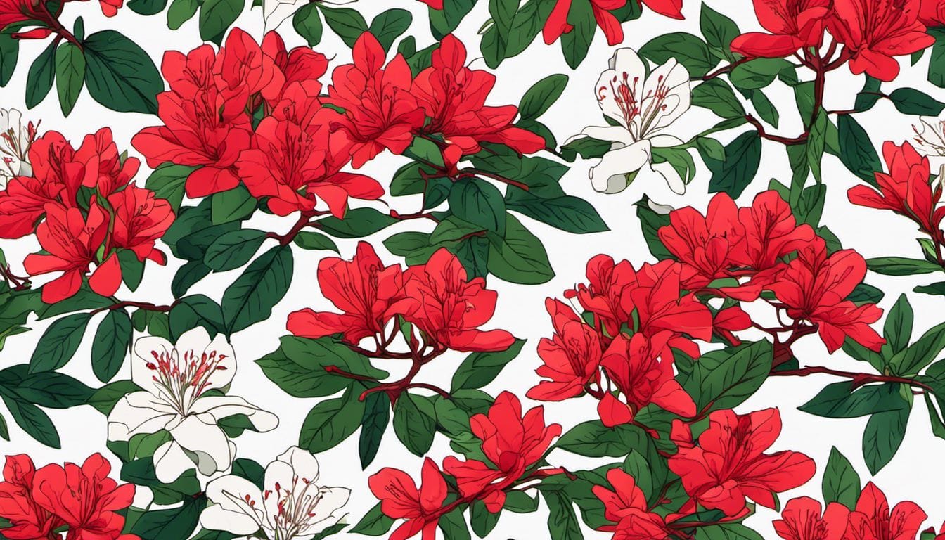 A vibrant red azalea bush surrounded by lush green foliage.