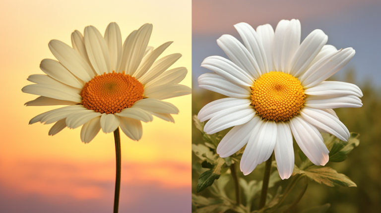 A close-up comparison of a chamomile flower and a daisy.