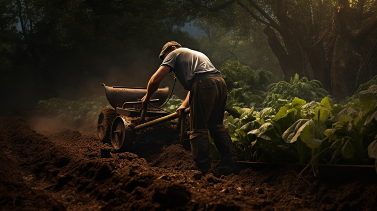 a person pushing a manual plow through rich, dark soil in a lush vegetable garden