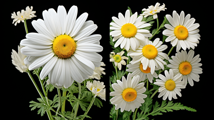 A chamomile flower and a mayweed side by side.