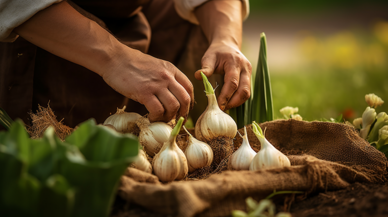 Two hands about to plant garlic