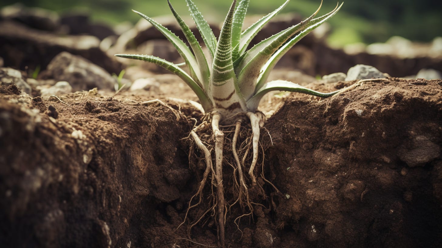 A vibrant aloe vera plant with exposed roots.