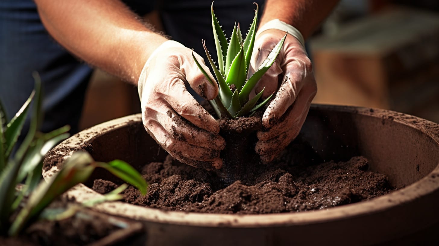 Hands carefully repotting Aloe Vera plant.