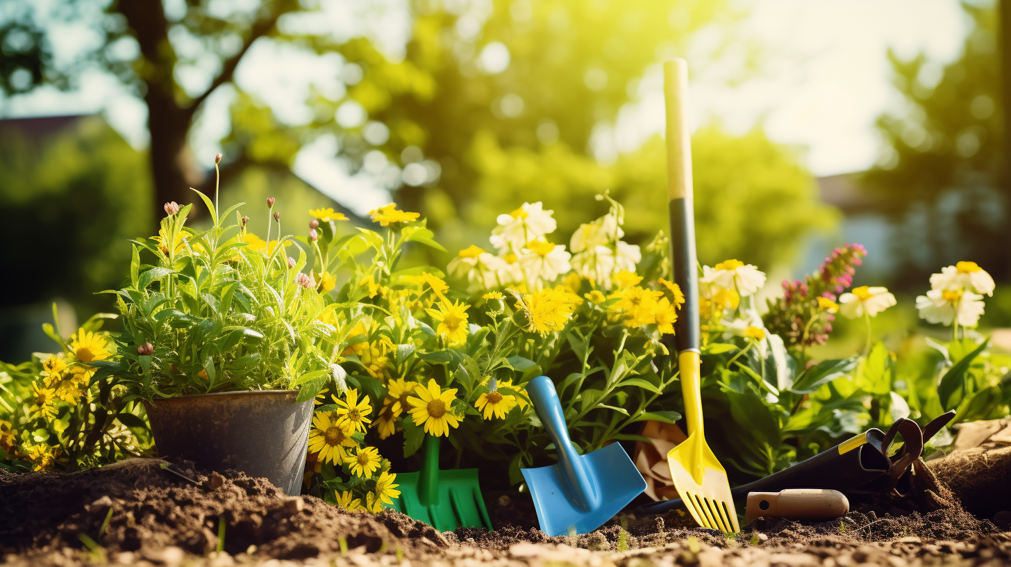 a garden with garden tools and weeds with yellow flowers