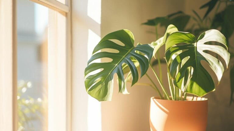 A Monstera plant bathed in sunlight near a window.