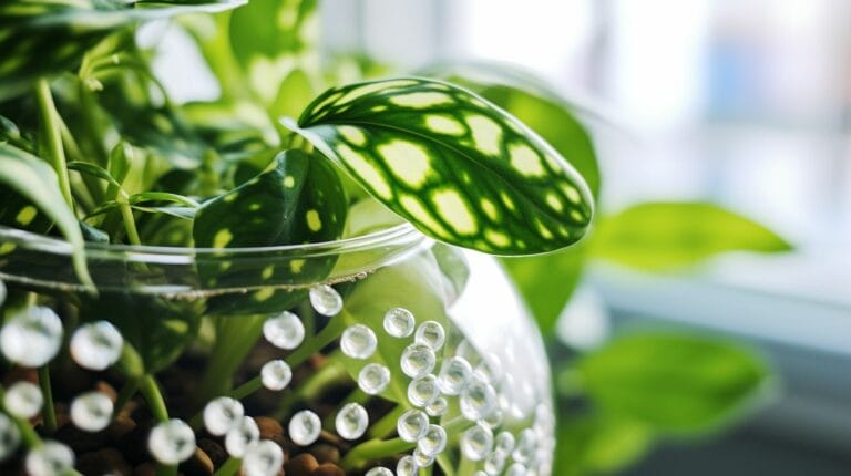 Close-up of a vibrant Polka Dot Plant in a glass terrarium.