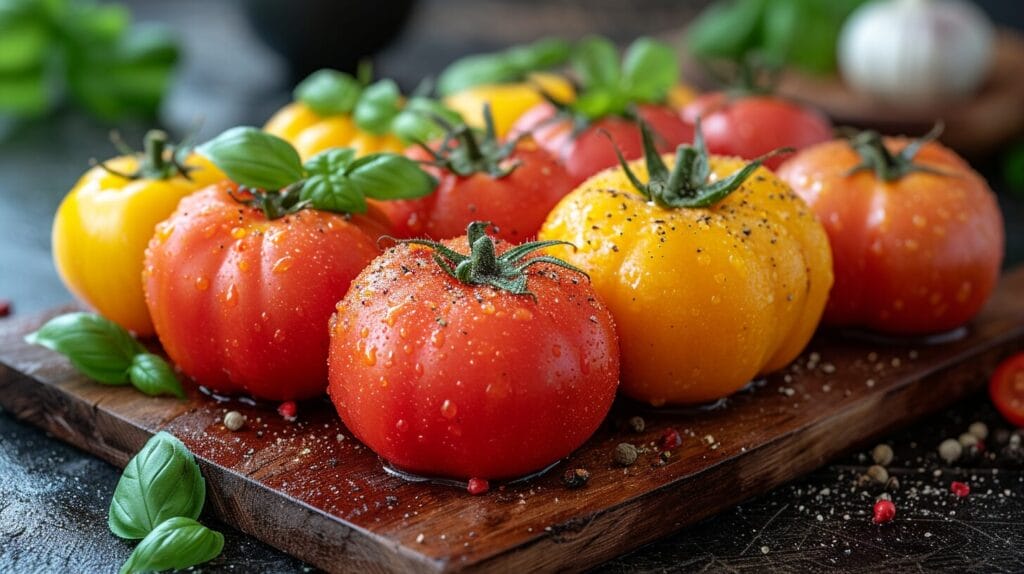 Assorted low acid tomatoes on a wooden cutting board.  low acid tomatoes at grocery store 