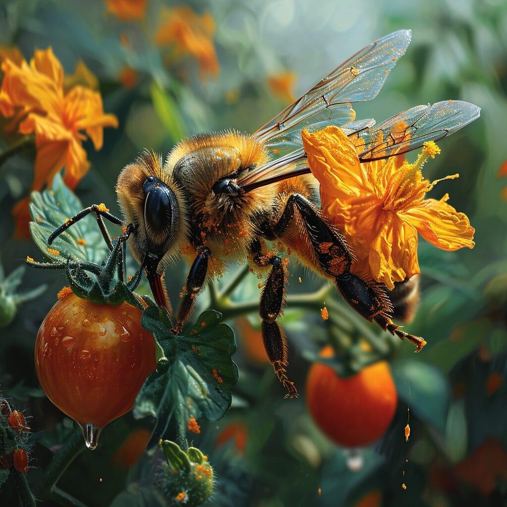 Bee pollinating tomato flower close-up.