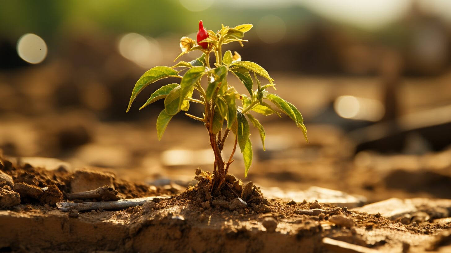 Chili plant with mix of healthy and wilted peppers, drooping leaves, watering can, sun, and thermometer on dry soil.