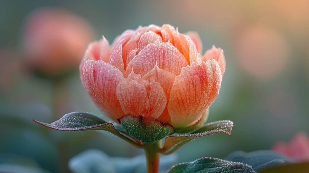 Close-up of vibrant, unopened peony bud with delicate pink petals beginning to unfurl. First peony growth cycle.
