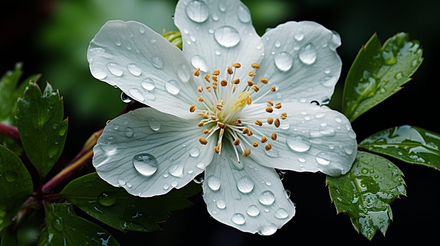 Close-up white flower with black center.