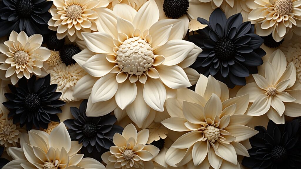 Collage of white flowers, black centers in garden.