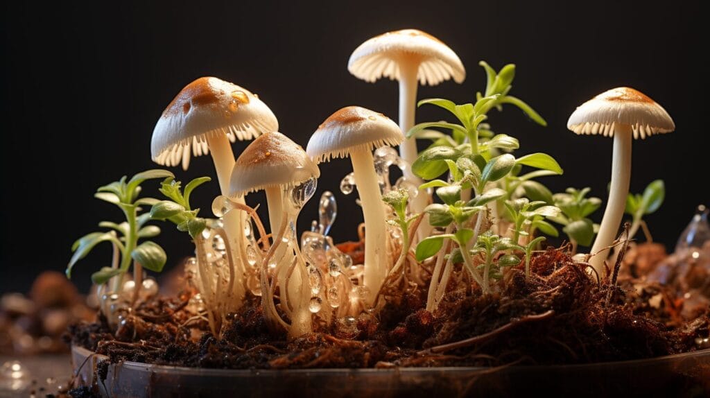 Cross-section of a houseplant pot with a white mushroom and visible roots.