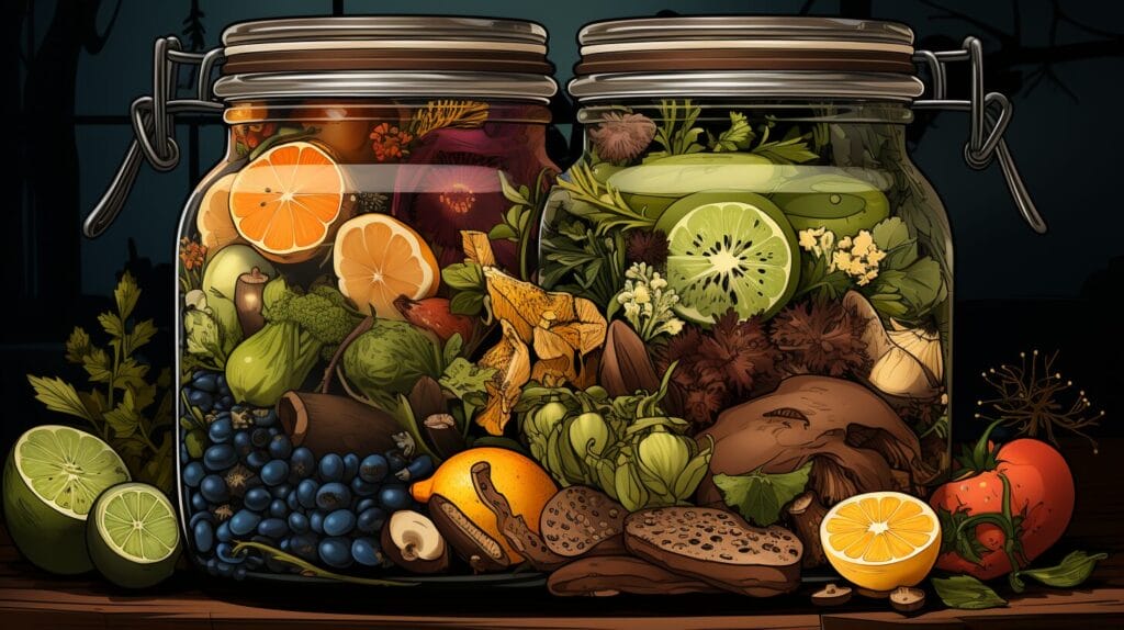 Cross-section of compost bin with worms, soil, and food scraps. Can worms eat moldy food?
