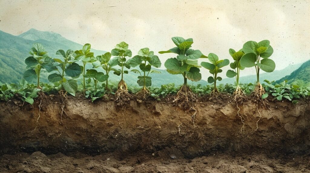 Cross-section of soil detailing bean plant taproots versus fibrous roots in dicots.
