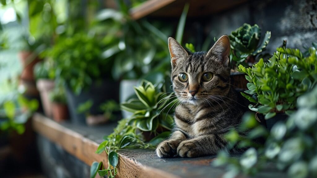 Curious cat near diverse peperomia plants, safety implied.