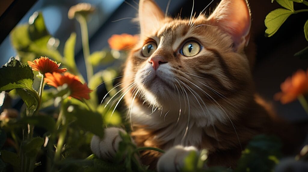 Curious cat with pothos plant showing warning symbols.