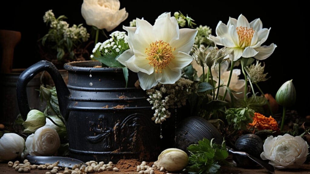 Delicate white flower, black center, floral arrangement.