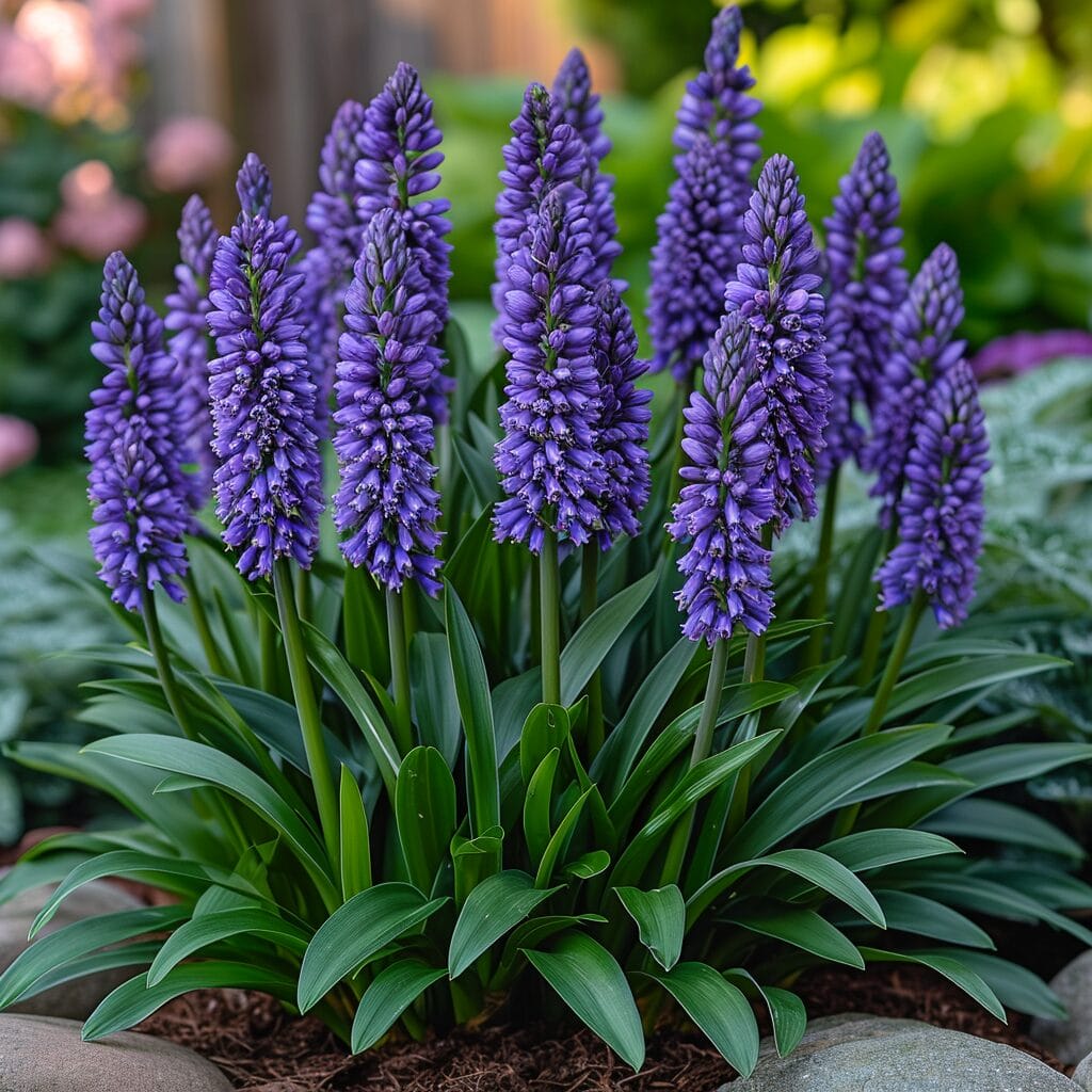 Dense cluster of purple Liriope muscari with green foliage.