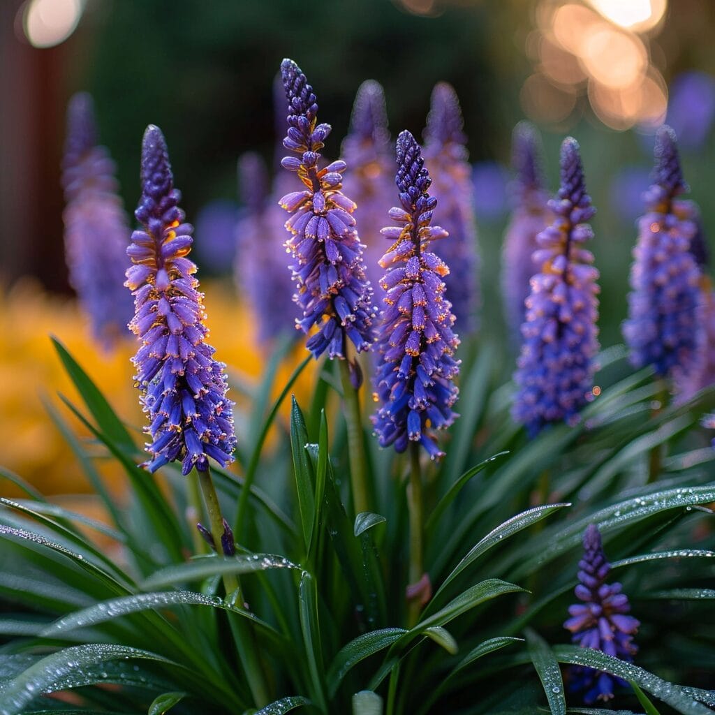 Dewy Royal Purple Liriope flowers in a soft-focus green garden.