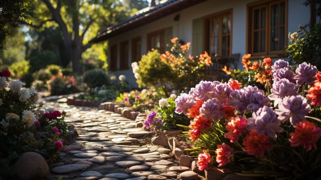 Diverse Californian floral shrubs and sages with vibrant blooms in a sunny garden.