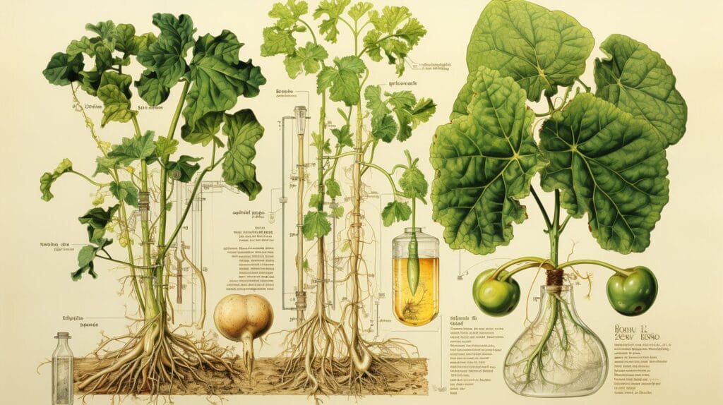 Educational illustration of bean plant with cross-section of taproot and fibrous root systems.