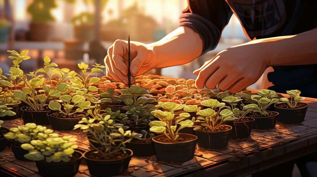 Nurturing seedlings in soil blocks with gardening tools.
