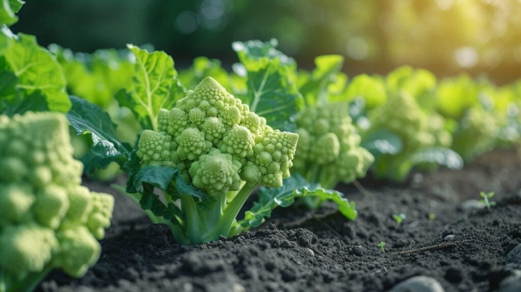 Farmers market stand filled with Romanesco, showcasing its unique geometric patterns.