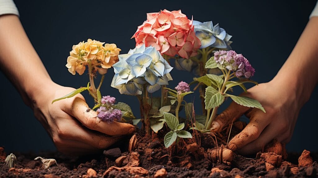 Flourishing hydrangea bush with healthy roots and sunrise.