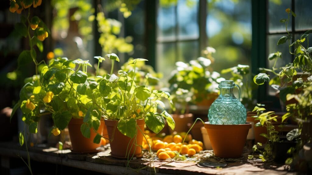 Flourishing potted vine on windowsill.