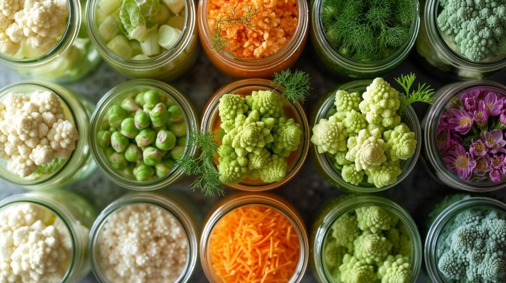 Freshly harvested Romanesco florets in a glass jar, symbolizing year-round preservation methods. When is romanesco in season?