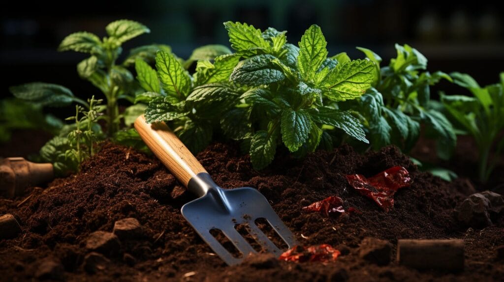 Garden bed with fresh mulch and a single weed sprouting, surrounded by gardening tools.